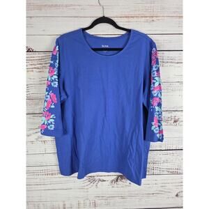 Blair 3/4 Sleeve Top 2x Womens Plus Size Blue Floral Sleeves Pullover Crew Neck